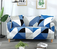 Готові чохли на дивани 3-х місцеві, стильні чохли на дивани без оборки HomyTex з малюнком Ромб синьо блакитний