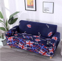 Чехол на диван натяжной на резинке, готовые чехлы на диваны бифлекс HomyTex с рисунком Британия синий