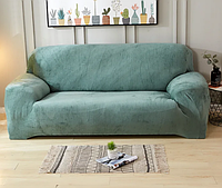 Чехол на диван натяжной трехместный на резинке, накидка на диван еврочехол HomyTex замша Ментол