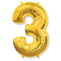 Фольгированный большой воздушный шар цифра "3" Flexmetal Золото Gold 32" 81 см