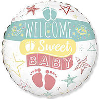 Фольгированный круглый шар Flexmetal Welcome Sweet Baby, шарики на выписку из роддома 18" 46 см