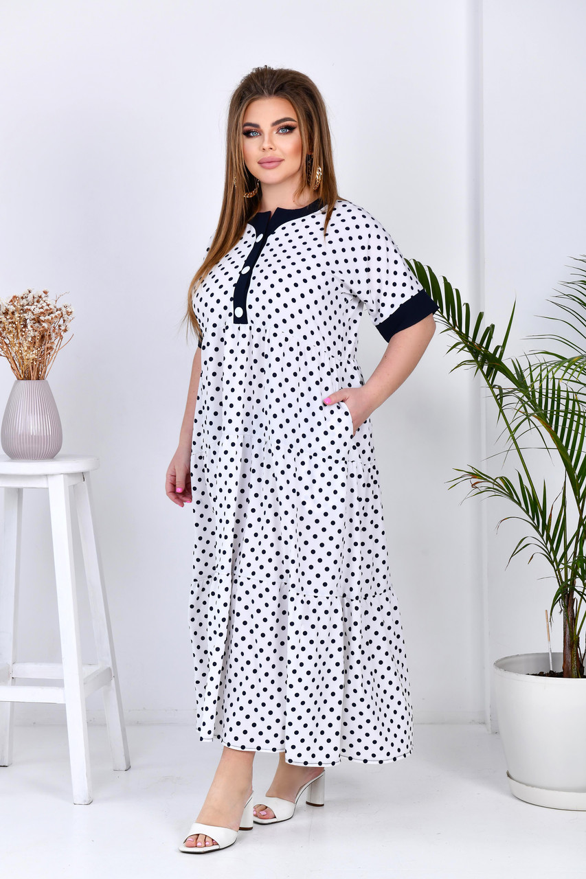 Довге Літнє плаття з коротким рукавом для пишних дам біле плаття в горох