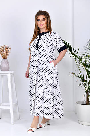 Довге Літнє плаття з коротким рукавом для пишних дам біле плаття в горох, фото 1