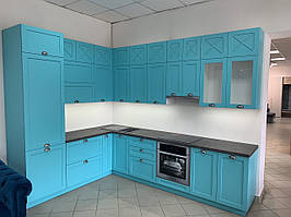 Кухня готова Blum бірюзового кольору виставковий зразок Розмір 2170*3000мм