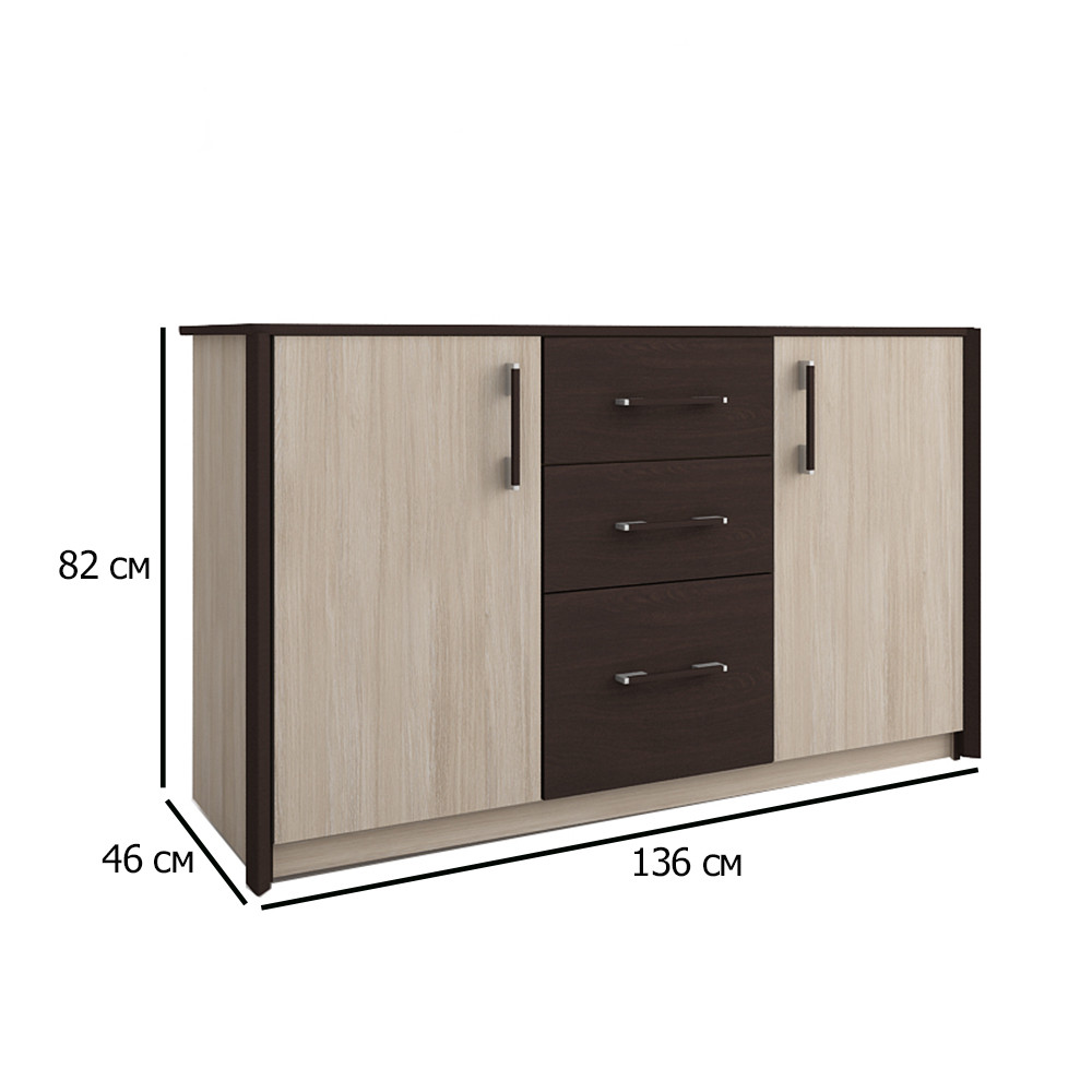 Великий комод для речей у спальню Сокме Скарлет 2Д3Ш 136 см дуб сонома з втавками венге магія, фото 1