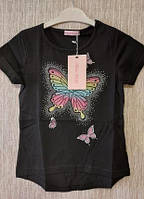 Стильная футболка для девочек 8-16 лет с бабочкой черная
