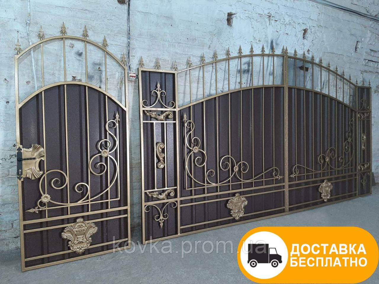 Розпашні ворота з хвірткою з профнастила, код: Р-0149-К