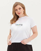Женская однотонная футболка с принтом "Home" белая хлопковая повседневная, большого размера 48/50, 52/54