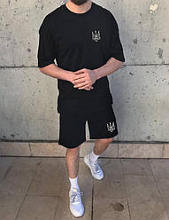 Чоловічий костюм із шортами трикотажний чорний із тризубом і принтом "Слава Україні", розмір M, L, XL, XXL