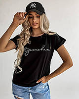 Жіноча легка літня футболка зі стильним написом і короткими рукавами (чорний, білий)