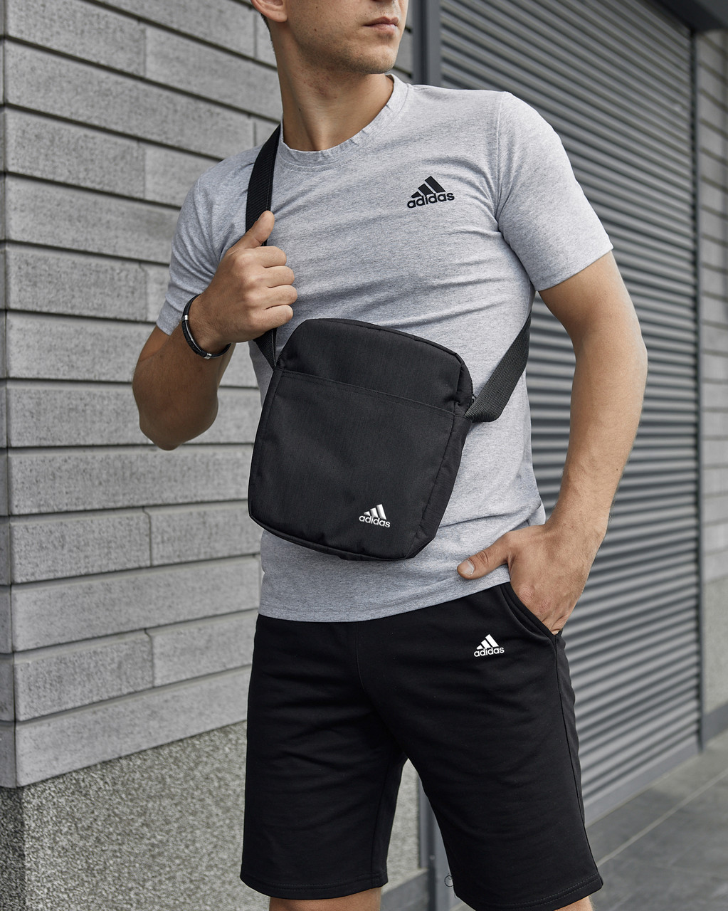 Adidas спортивний костюм чоловічий літній шорти футболка сумка адідас сірий, фото 1