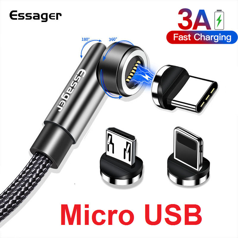 Магнітний Кабель Essager MicroUSB 3A Кутовий 180 градусів 540 об. для Швидкого Заряджання і Передачі Даних