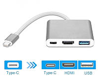 Переходник адаптер 3 в 1 USB Type-C - HDMI / USB 3.0 / USB Type-C Silver (6249)