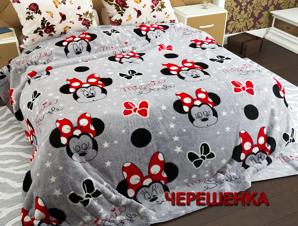 Світлий сірий флісовий євро плед покривало 200х220 з принтом minnie mouse Мінні Маус для двоспального ліжка