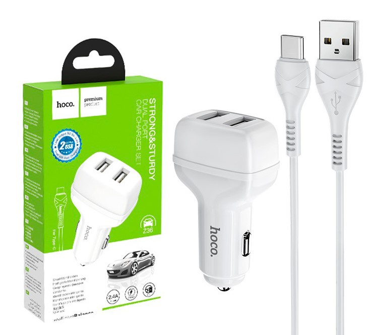 Автомобільний зарядний пристрій Z36 (2USB/2.4A) + кабель Type-C білий