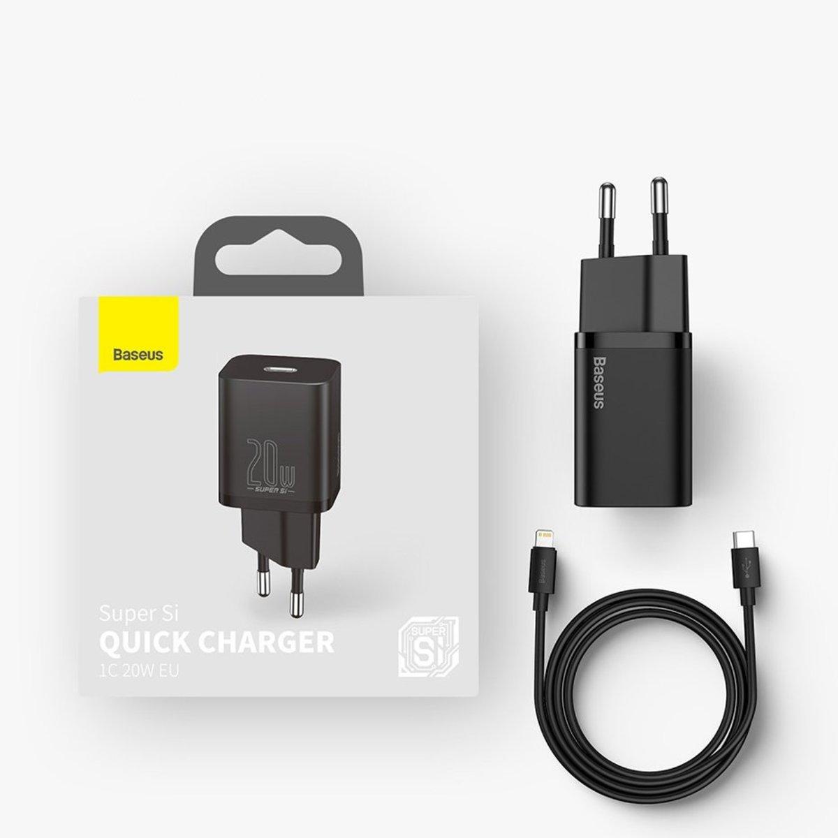 Сетевое зарядное устройство с кабелем Type-C/iP для телефонов Baseus Super Si 1C 20W 1m Black - фото 1 - id-p1617018990