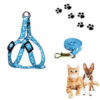Шлейка для собак/котов та повідець 1м (рис. лапки), Блакитний нагрудник для собак дрібних порід