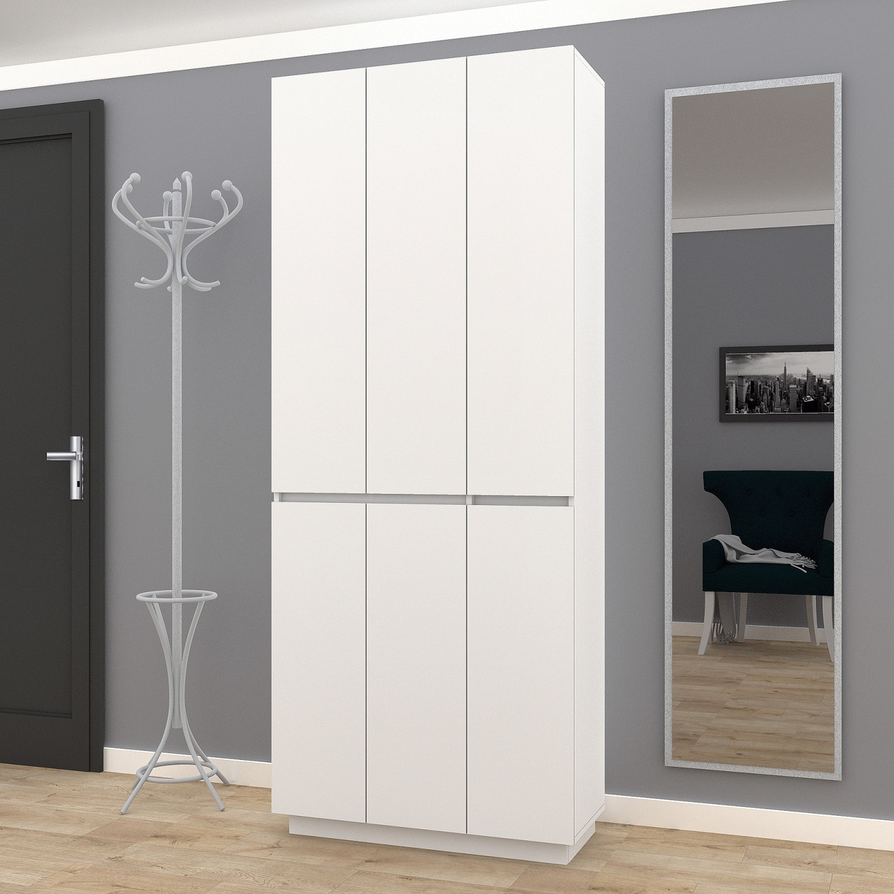 Біла маленька розпашна вузька шафа 90 см у передпокій коридор з полицями та штангою для одягу FLASHNIKA HOLD №11, фото 1