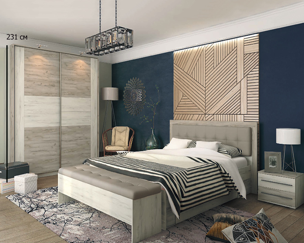 Спальний гарнітур у стилі лофт Сокме Мілана 231 см дуб крафт білий зі вставками дуб крафт сірий, фото 1
