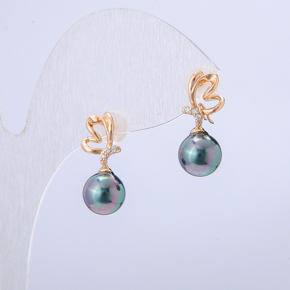 Сережки Xuping Позолота 18К з білими стразами та Чорної бензин намистиною d-19х8мм + -, фото 1