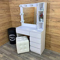 Туалетний макіяжний столик з дзеркалом та підсвіткою, 5 шухляд, бокова поличка, дизайн без ручок