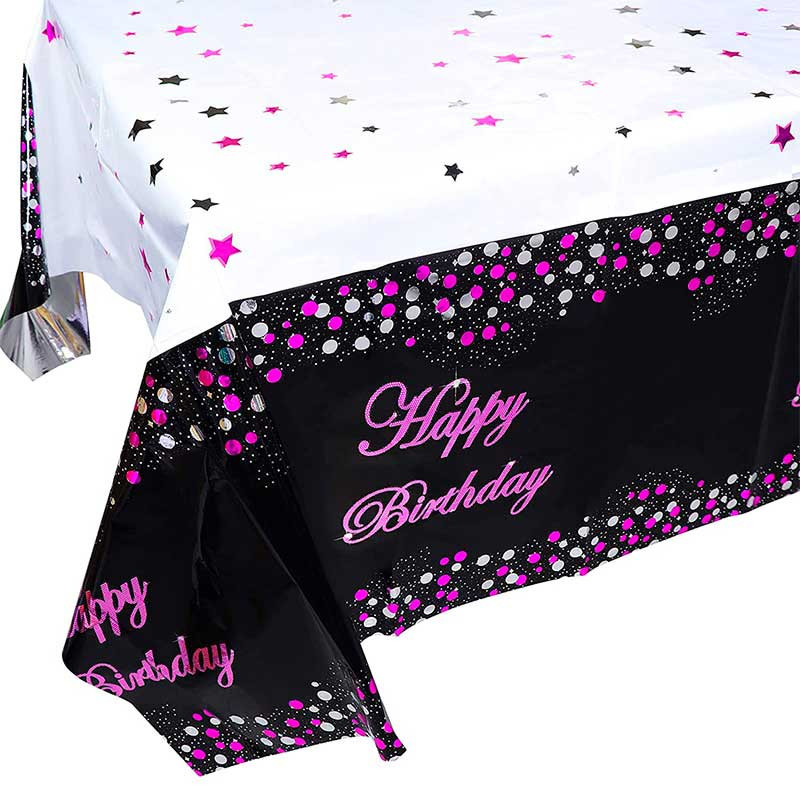 Скатертина з написом Happy birthday чорна в конфетті кольору фуксія і срібна 137х183 см