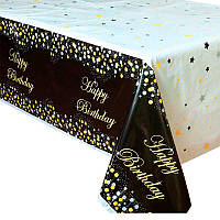 Скатерть Бело-чёрная с надписью Happy birthday в золотое и серебряное конфетти, 137х183 см