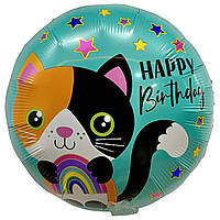 Воздушный фольгированный шар на День рождения Happy Birthday с котиками, 18" 45 см