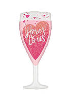 Фольгована велика повітряна куля Бокал шампанського з написом Here's to Us, рожевий, 90х42 см