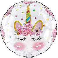 Фольгированный круглый шар Единорог с цветами, 18"45 см ВЗ
