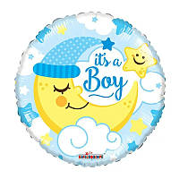 Фольгированный круглый шар с месяцем и надписью It`s a Boy голубой, шарики на выписку из роддома 18" 45 см