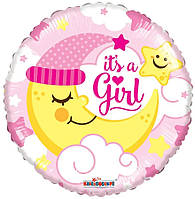 Фольгована кругла куля з місяцем та написом It's a girl рожева, кульки на виписку з пологового будинку 18" 45 см