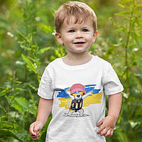 Дитяча біла футболка з принтом пес Патрон, герой ЗСУ.