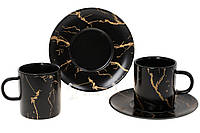 Чайный набор фарфоровый Мраморная Роскошь: 2 чашки 220мл + 2 блюдца, цвет - чёрный с золотом