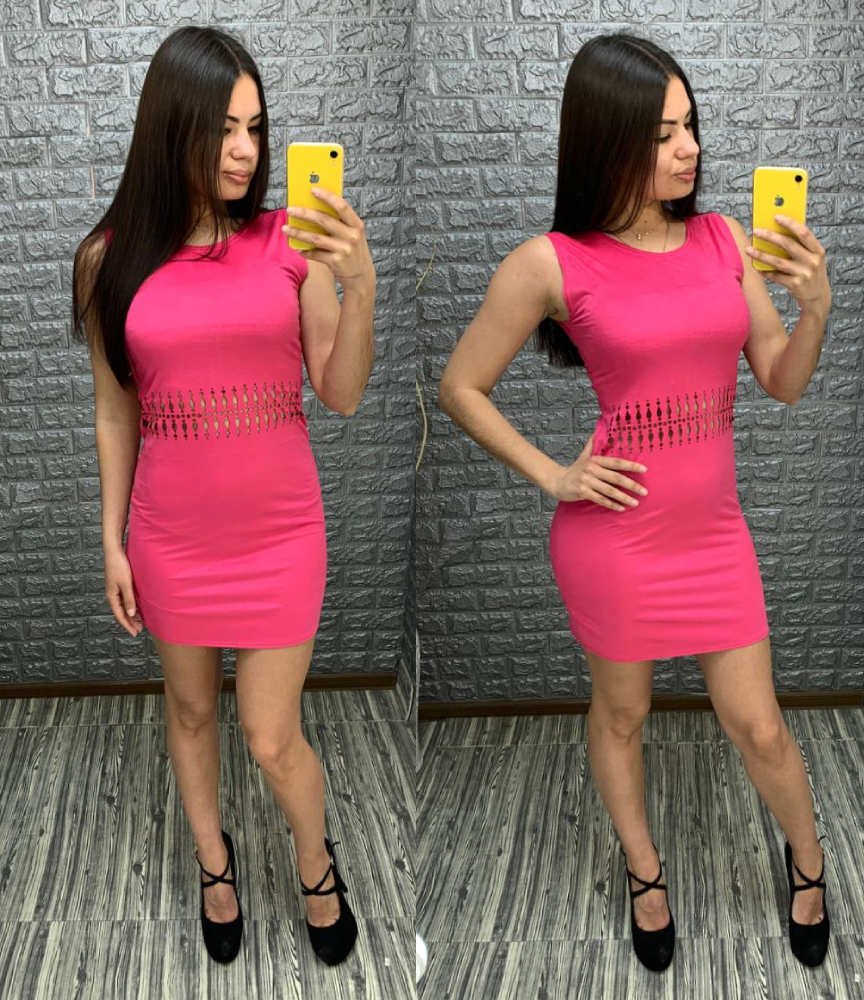 Малиновое летнее платье с перфорацией на талии, фото 1