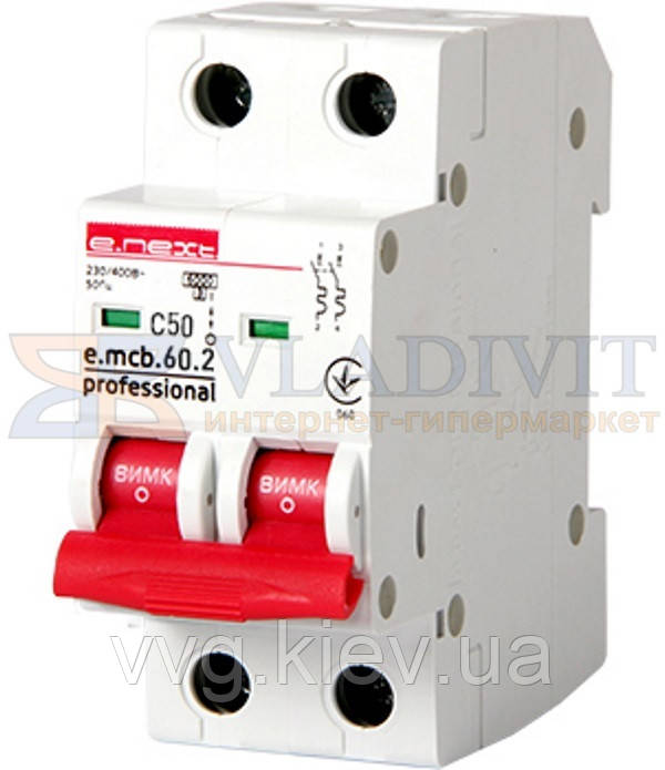 Модульний автоматичний вимикач e.mcb.pro.60.2.C 50 new, 2р, 50А, C, 6кА new, E.NEXT (p042022)