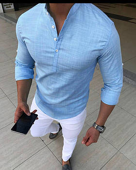 Чоловіча сорочка льонна молодіжна приталена з довгим рукавом класична голуба