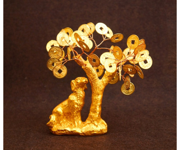 Собака полістоун під золото + дерево із золотими монетами