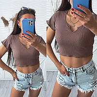 Женская футболка топ шоколад трикотажный рубчик с короткими рукавами вырезом на груди молодёжный стильный