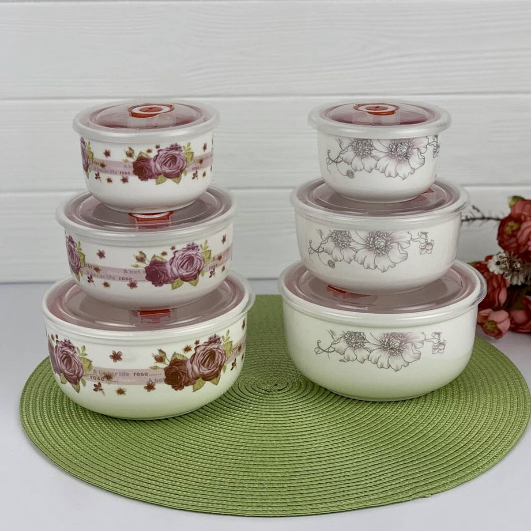 Набір салатників із кришкою 3 шт. порцеляна Frico FRU-435 Набір круглих салатників різного розміру, фото 1