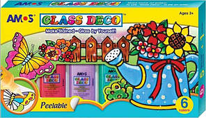 Набір вітражних фарб Glass Deco "Квіти" 6кол. по 22 мл + трафарет