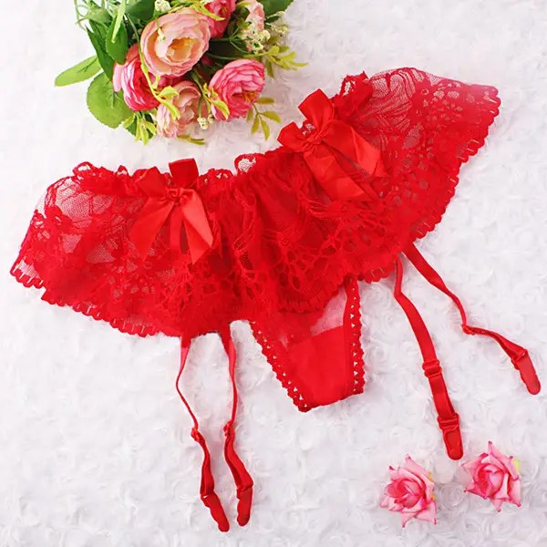 Пояс для панчіх червоний мереживний і стринги, фото 1