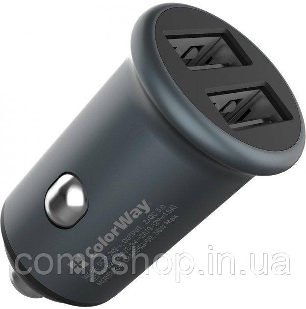 Автомобільний зарядний пристрій ColorWay 2USB Quick Charge 3.0 (36W) сіре (CW-CHA036Q-GR) (код 129005)