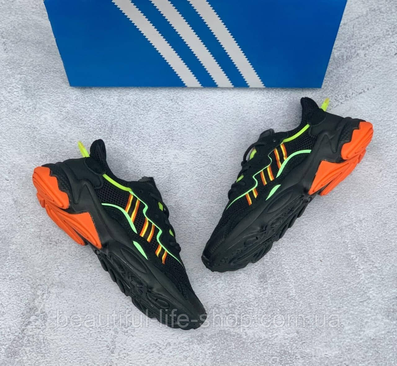 Кроссовки легкие замша сетка Adidas Ozweego Black Orange Green/Адидас Озвего черный - фото 2 - id-p1617905355