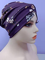 Удобная шапка чалма 54-58 рр женская фиолетовая с принтом цветы трикотажная после химиотерапии или на пляж