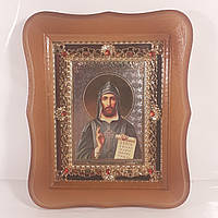 Икона Кирилл святой равноапостольный, лик 10х12 см, в светлом деревянном киоте с камнями