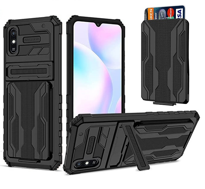 Протиударний чохол для Xiaomi Redmi 9a чорний з підставкою і слотом для карт