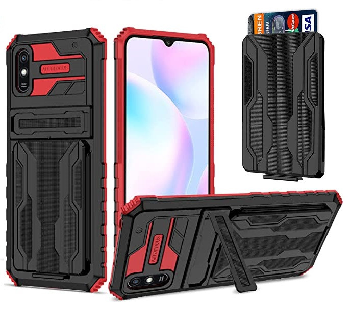 Протиударний чохол для Xiaomi Redmi 9a чорно-червоний з підставкою і слотом для карток, фото 1
