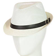 Белая детская шляпа-челентанка с черным кожаным ремешком