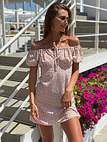 Платье мини женское из штапеля красивое с открытыми плечами на завязке в мелкий цветочный принт Smld7186